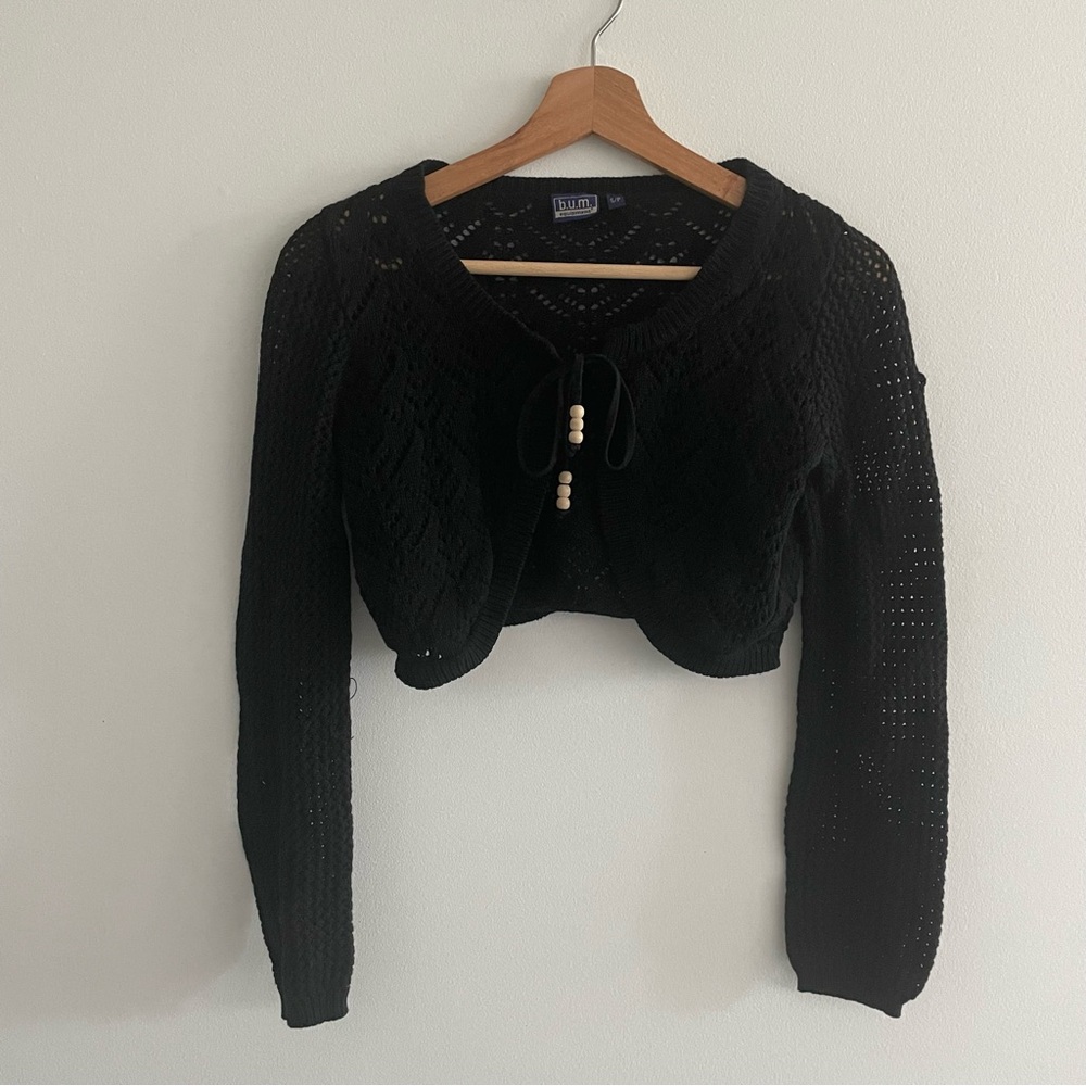 Y2K Black Bum Equipment Crochet Bolero Shrug Knit Cardigan with Beaded Tie